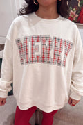 White Embroidered Plaid MERRY Sweatshirt PREORDER ETA 3 WEEKS