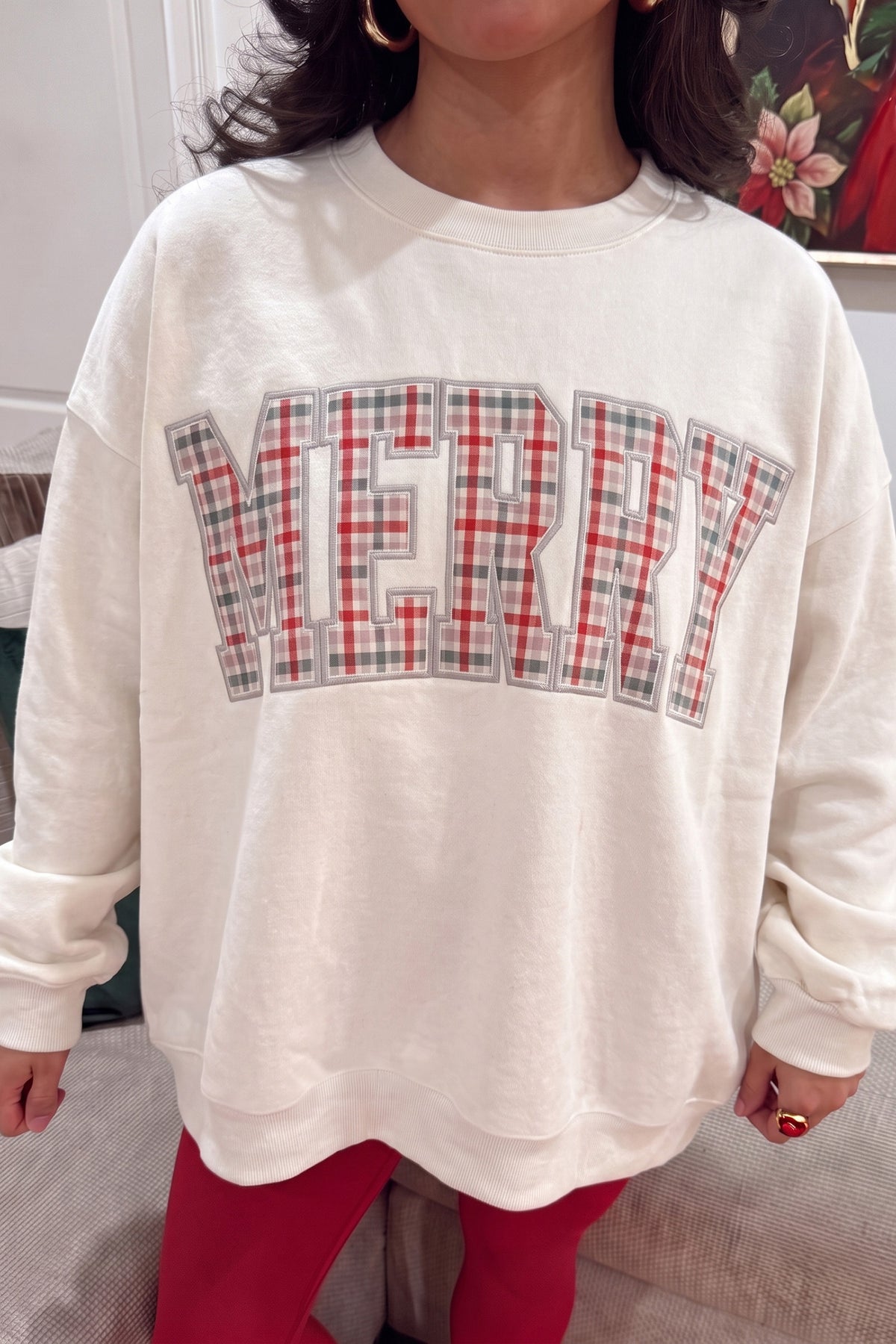 White Embroidered Plaid MERRY Sweatshirt PREORDER ETA 3 WEEKS