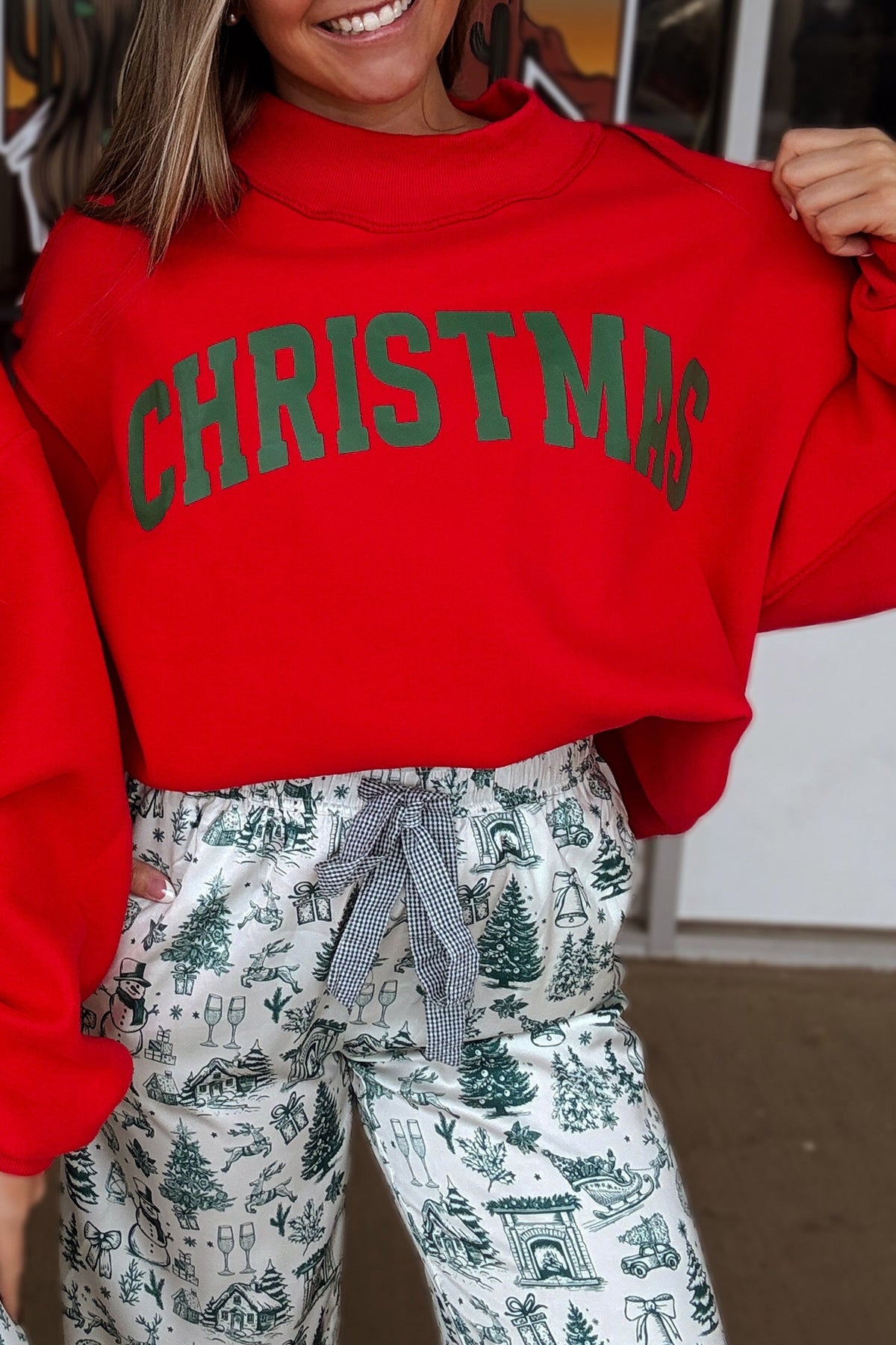 Fiery Red MERRY/CHRISTMAS Reversible Print Mock Neck Baggy Pullover Sweatshirt PREORDER ETA 3 WEEKS