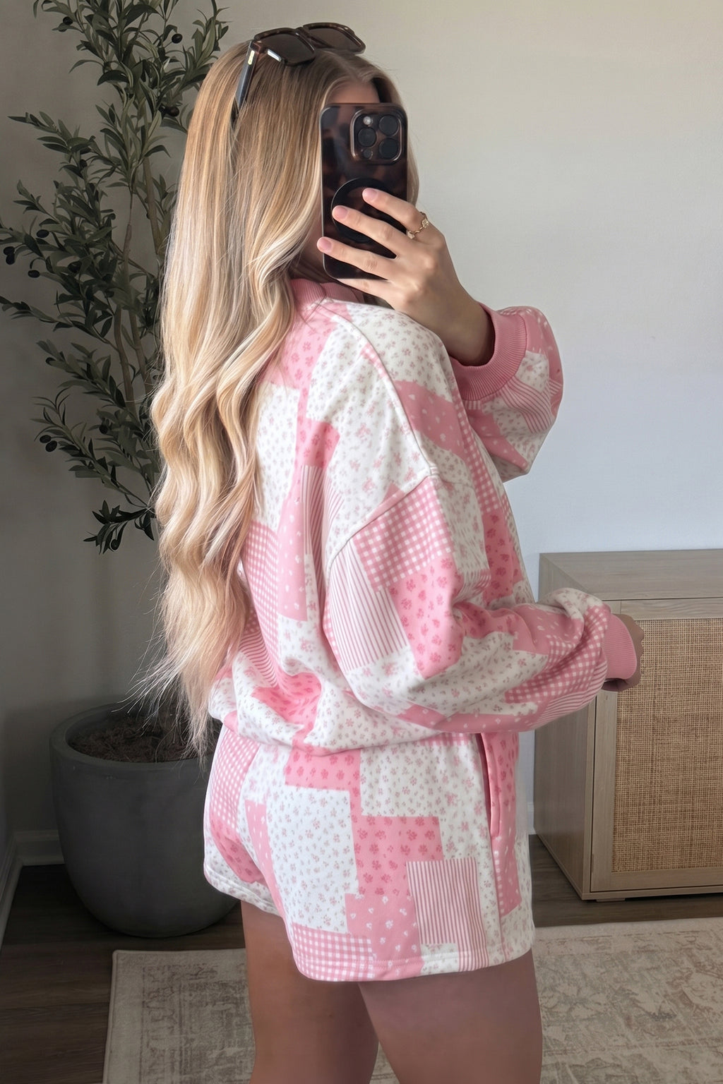 Sky Blue Patchwork Floral Print Drop Shoulder Baggy Pullover Drawstring Shorts Set PREORDER ETA 3 WEEKS