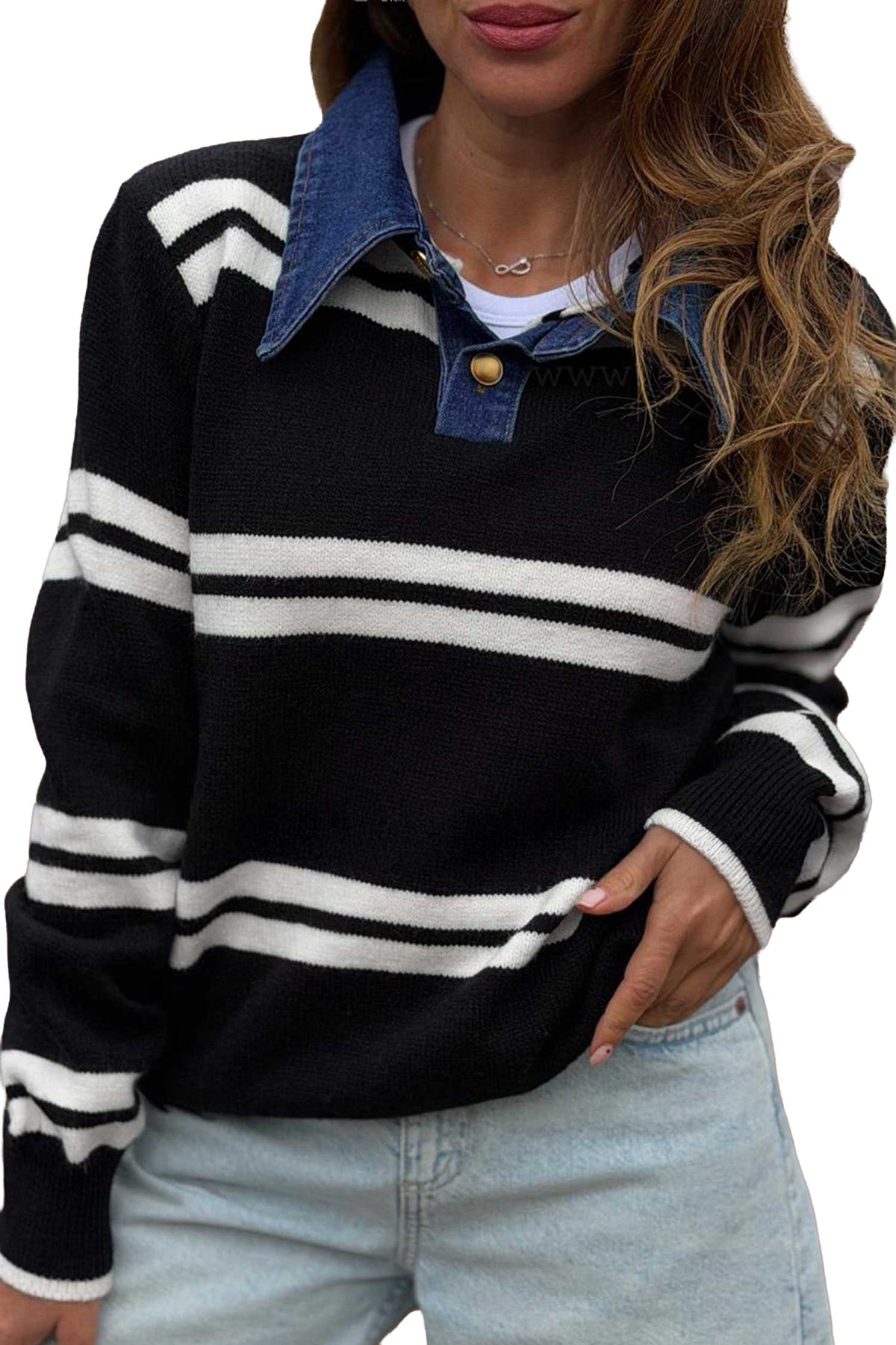 Black Stripe Denim Collar Patchwork Relaxed Knit Sweater PREORDER ETA 3 WEEKS