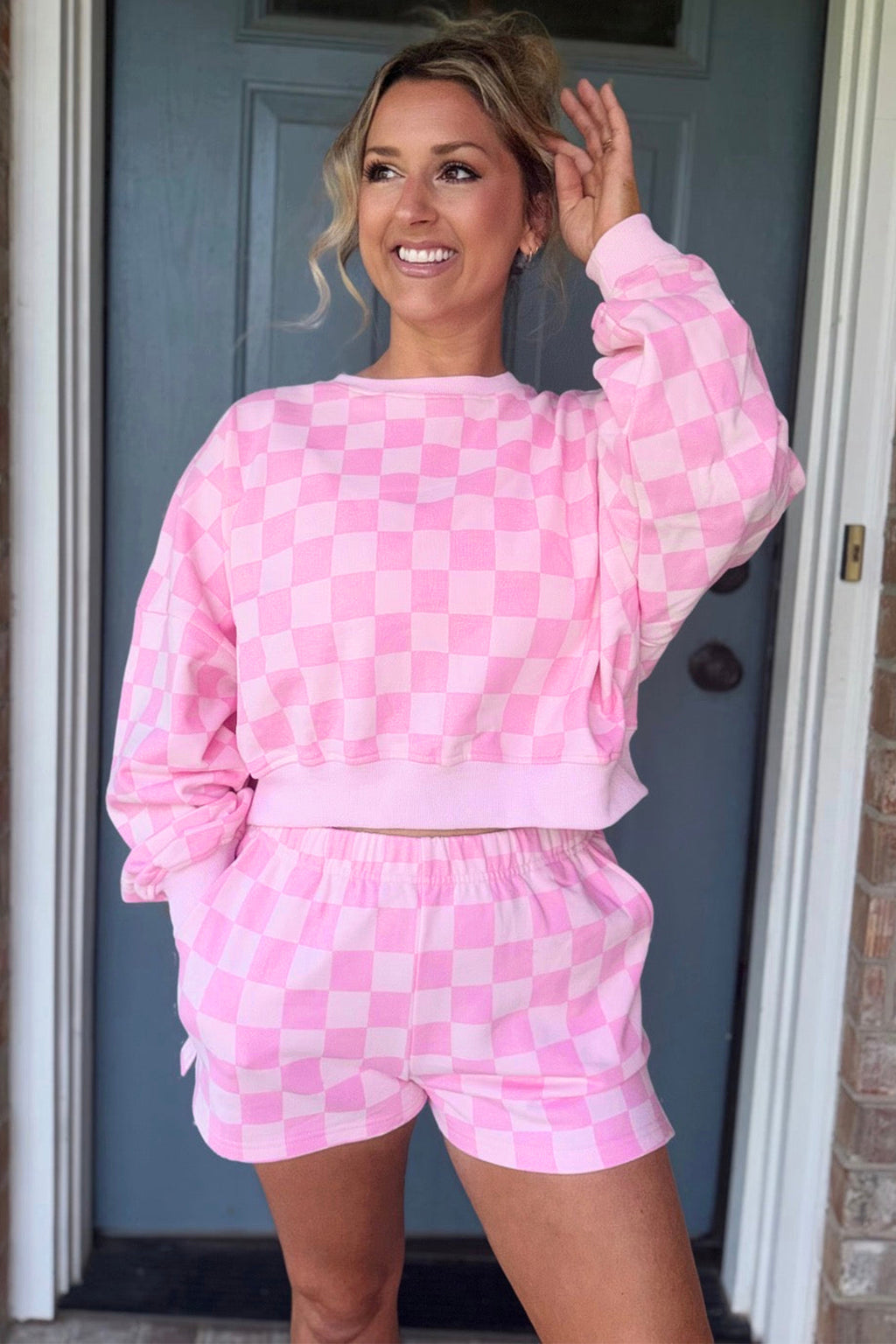 Orange Plaid Checkered Long Sleeve Crop Top Elastic Waist Shorts Two Piece Set PREORDER ETA 3 WEEKS