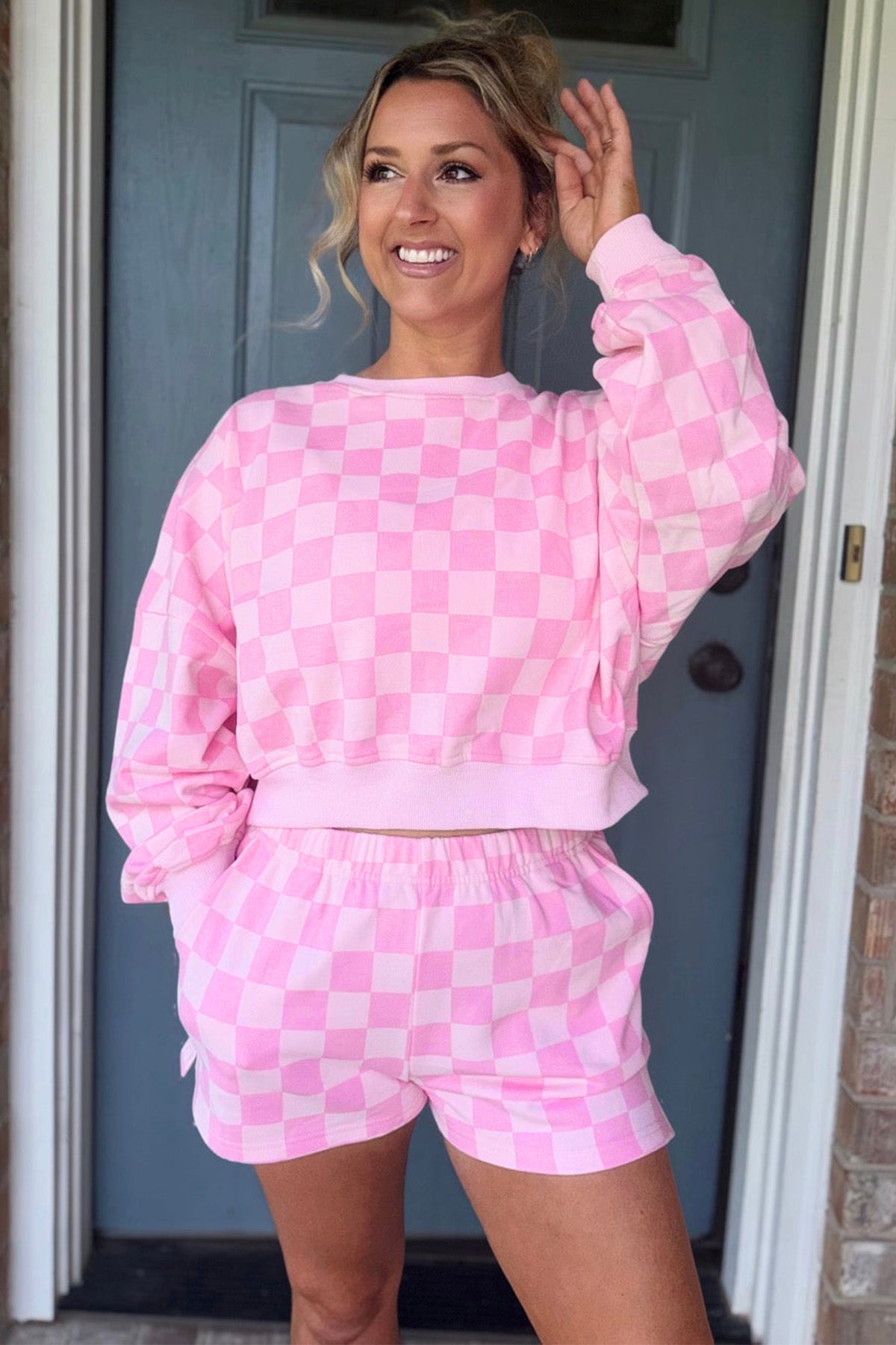 Orange Plaid Checkered Long Sleeve Crop Top Elastic Waist Shorts Two Piece Set PREORDER ETA 3 WEEKS
