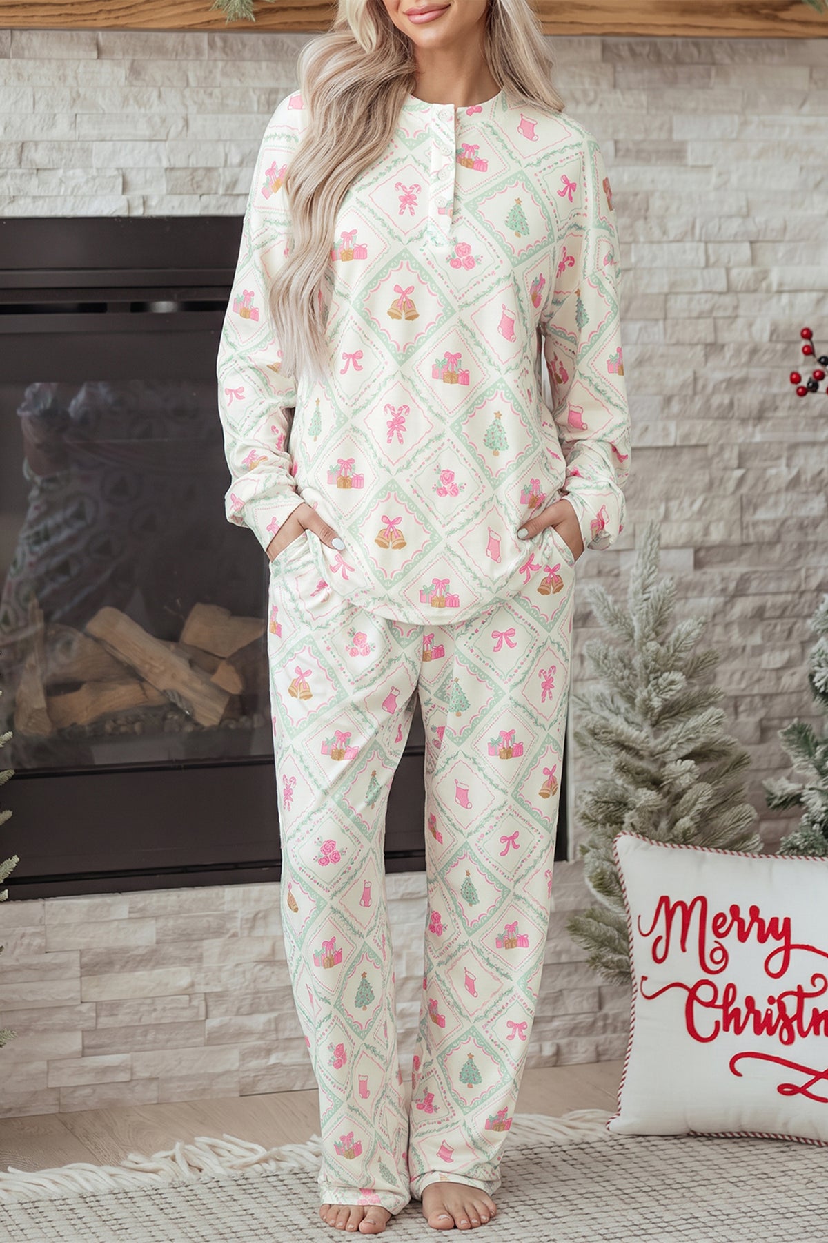 White Long Sleeve Patchwork Shift Christmas Daily Wear Lounge Set PREORDER ETA 3 WEEKS