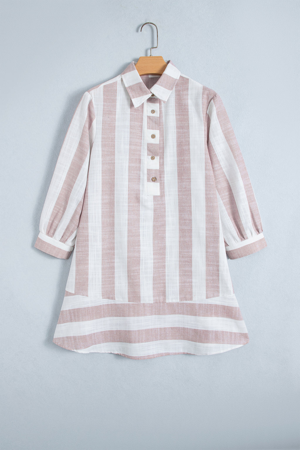 Khaki Stripe Striped Button-Up Three-Quarter Sleeve Short Shift Dress PREORDER ETA 3 WEEKS