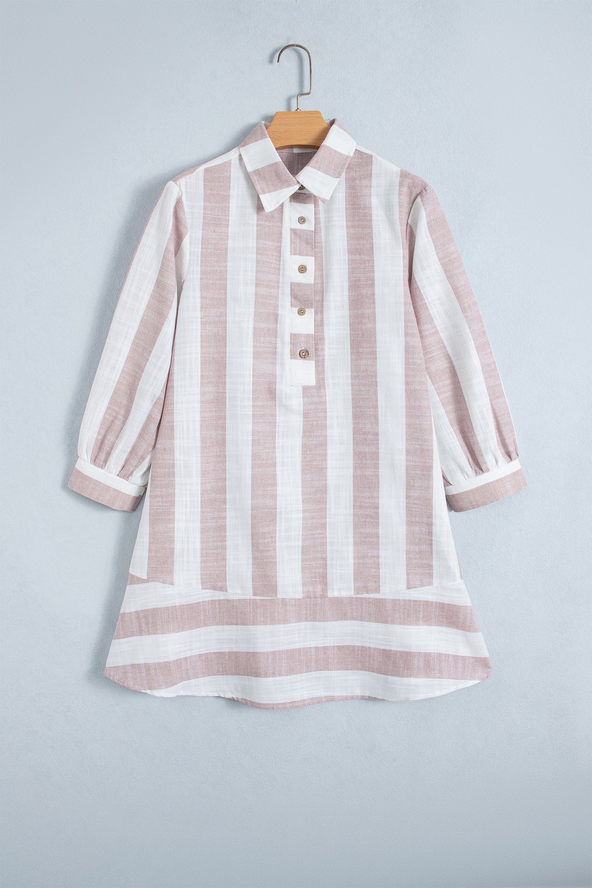 Khaki Stripe Striped Button-Up Three-Quarter Sleeve Short Shift Dress PREORDER ETA 3 WEEKS