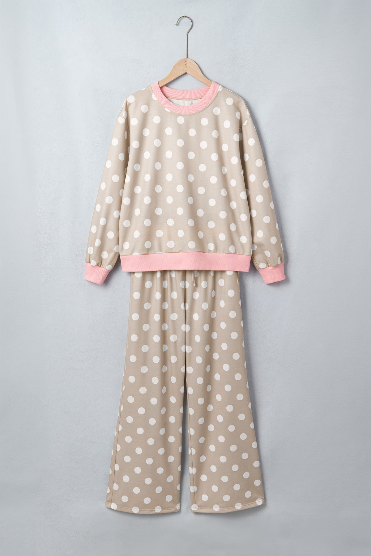 Khaki Polka Dot Contrast Trim Long Sleeve Top Drawstring Shift Pants Set PREORDER ETA 3 WEEKS