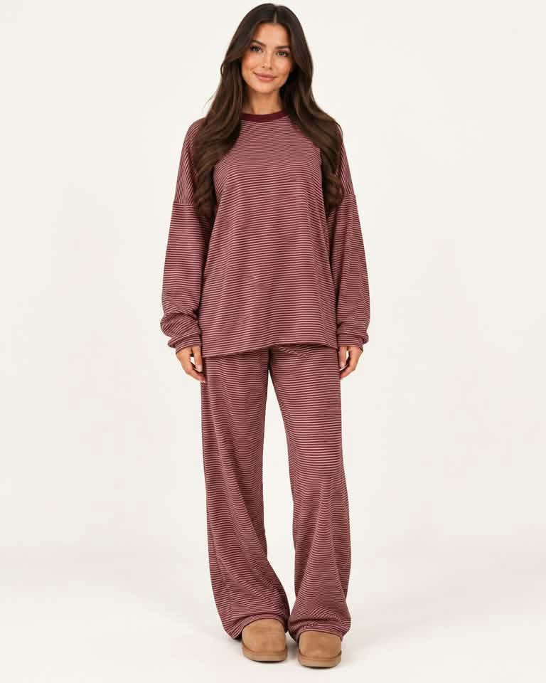 Stripe Contrast Trim Round Neck Oversize Long Sleeve Top 2pcs Pant Set PREORDER ETA 3 WEEKS
