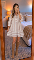 Khaki Stripe Striped Button-Up Three-Quarter Sleeve Short Shift Dress PREORDER ETA 3 WEEKS