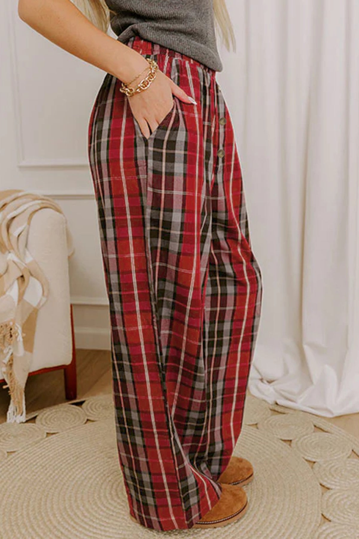 Red Plaid Elastic Waist Pocket Regular Full-Length Pants PREORDER ETA 3 WEEKS