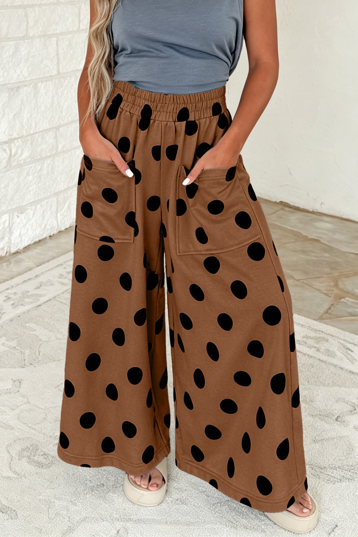 Brown Polka Dot Wide Leg Elastic Waist Casual Pants PREORDER ETA 3 WEEKS