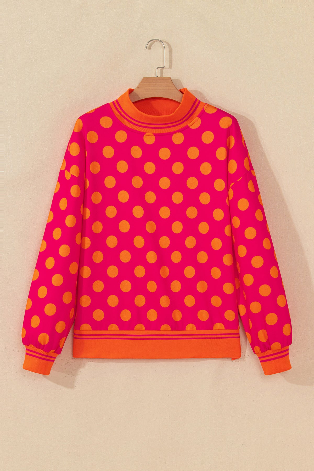 Rose Polka Dot Striped Trim Mock Neck Sweatshirt PREORDER ETA 3 WEEKS