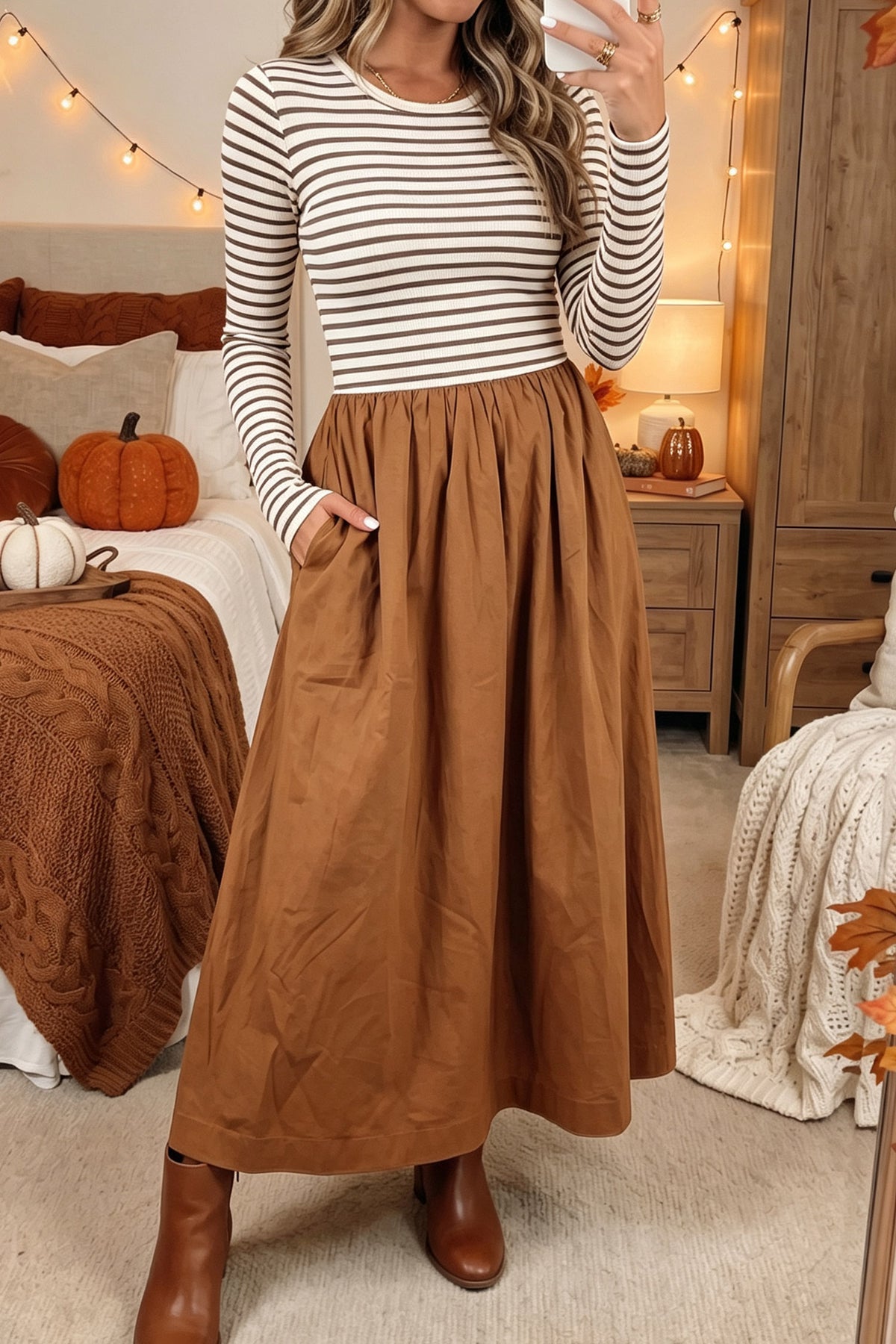 Brown Stripe Ribbed Knit Long Sleeve Bodice Contrast Patchwork Flared Dress PREODER