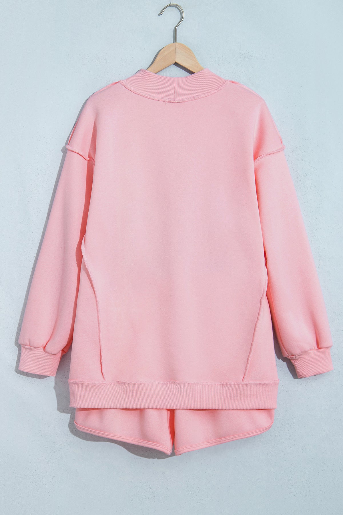 Light Pink High Neck Exposed Seam Drop Shoulder Baggy Pullover Short Set PREORDER ETA 3 WEEKS