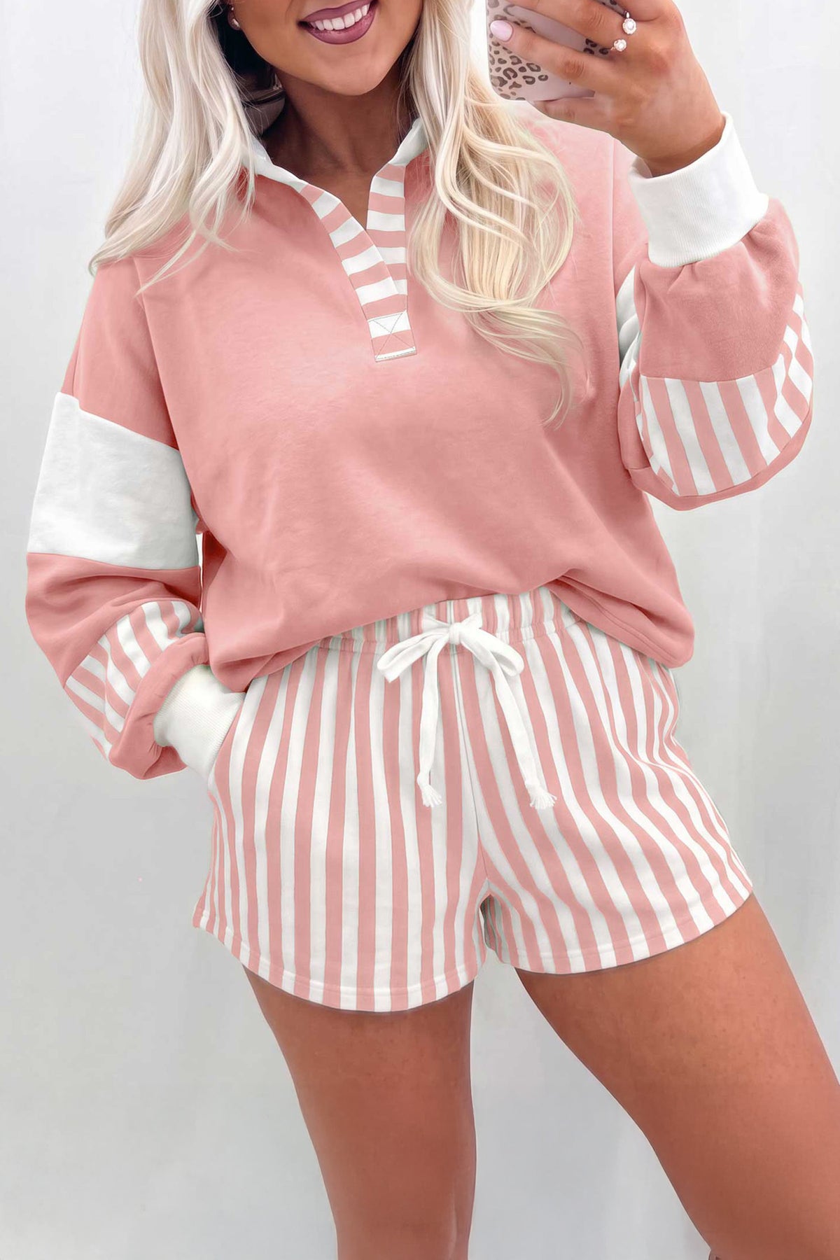 Black Striped Color Block Pullover Top Drawstring Shorts Set PREORDER ETA 3 WEEKS