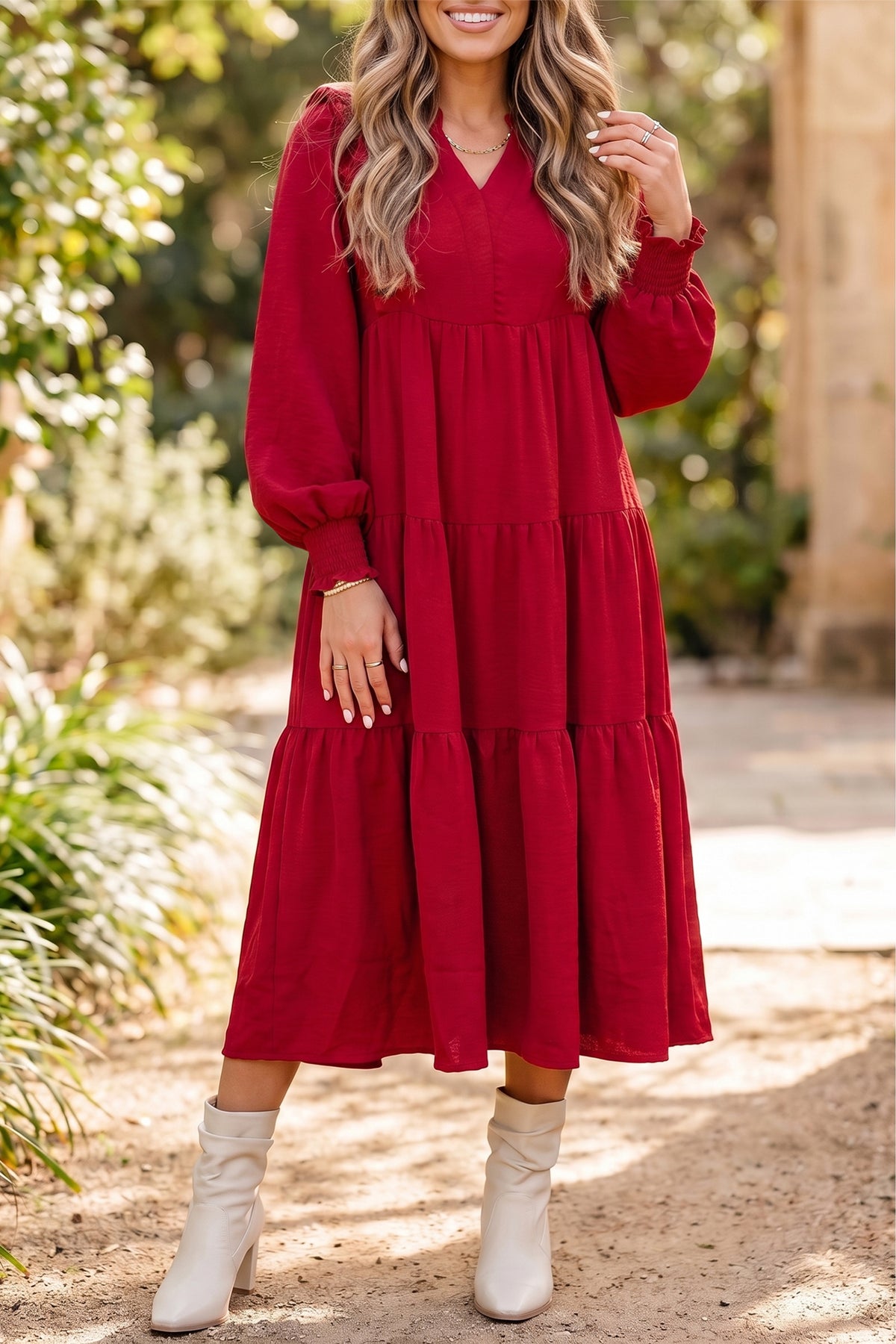 Racing Red Solid Color Ruffle Trim Long Sleeve Tiered Shift Midi Dress PREORDER ETA 3 WEEKS
