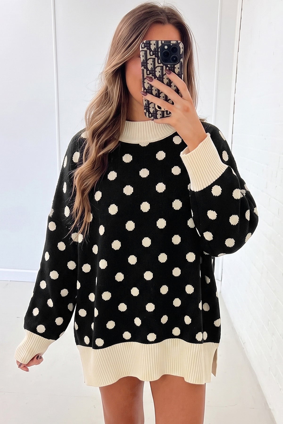 Black Polka Dot Pattern Ribbed Colorblock Trim Split Tunic Sweater PREORDER ETA 3 WEEKS