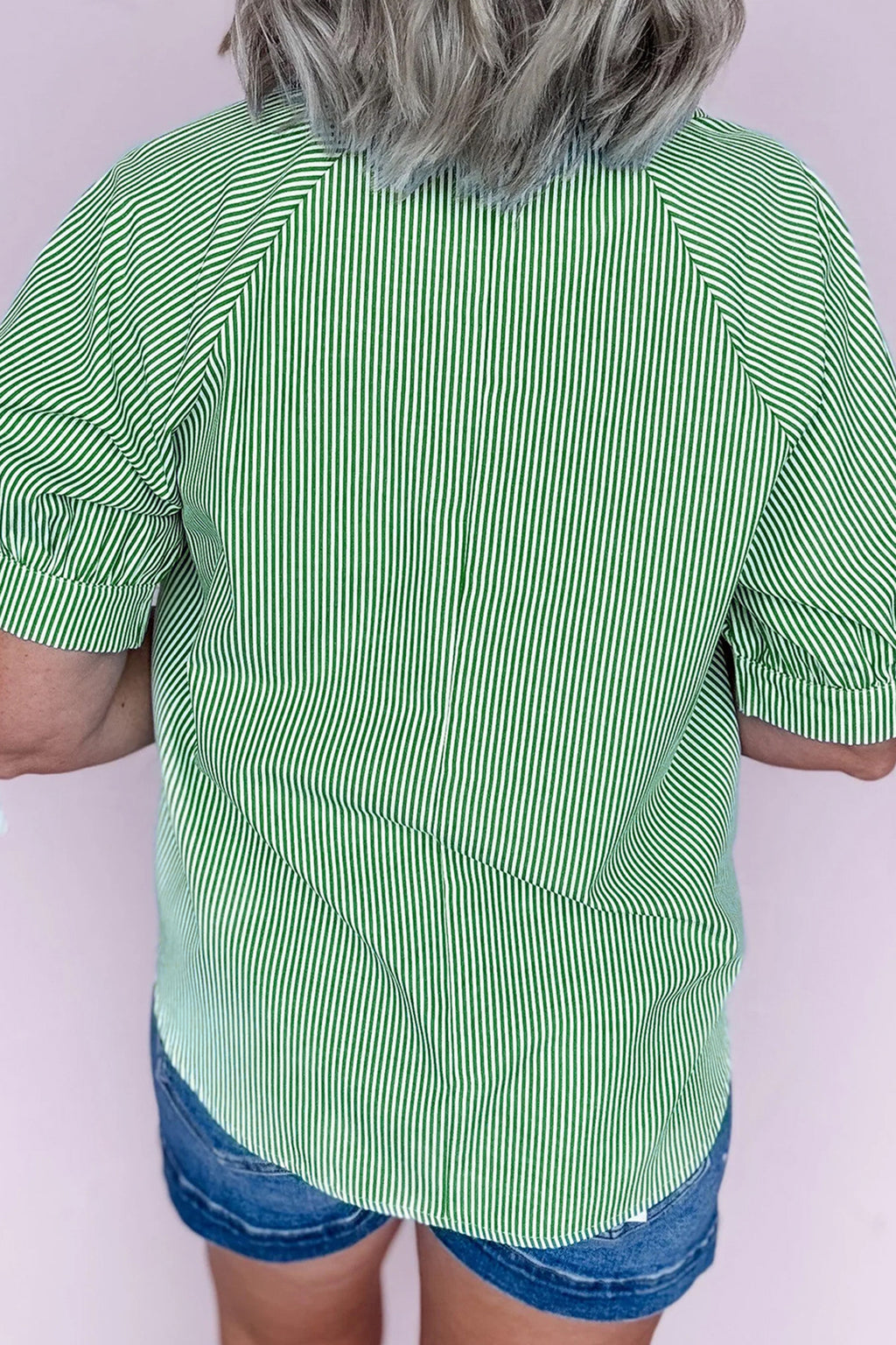 Mint Green Striped Print Collared Split Neck Half Sleeve Blouse PREORDER ETA 3 WEEKS
