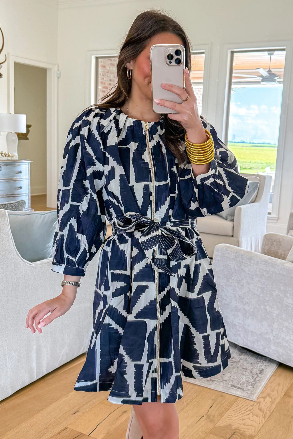 Blue Abstract Geometric Print Zip Front Tie Waist Shift Dress PREORDER ETA 3 WEEKS