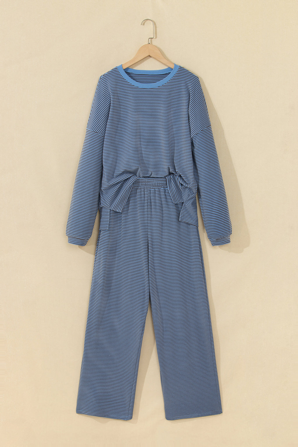 Stripe Contrast Trim Round Neck Oversize Long Sleeve Top 2pcs Pant Set PREORDER ETA 3 WEEKS