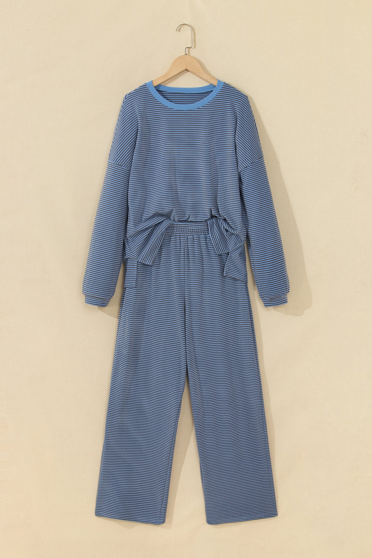 Stripe Contrast Trim Round Neck Oversize Long Sleeve Top 2pcs Pant Set PREORDER ETA 3 WEEKS