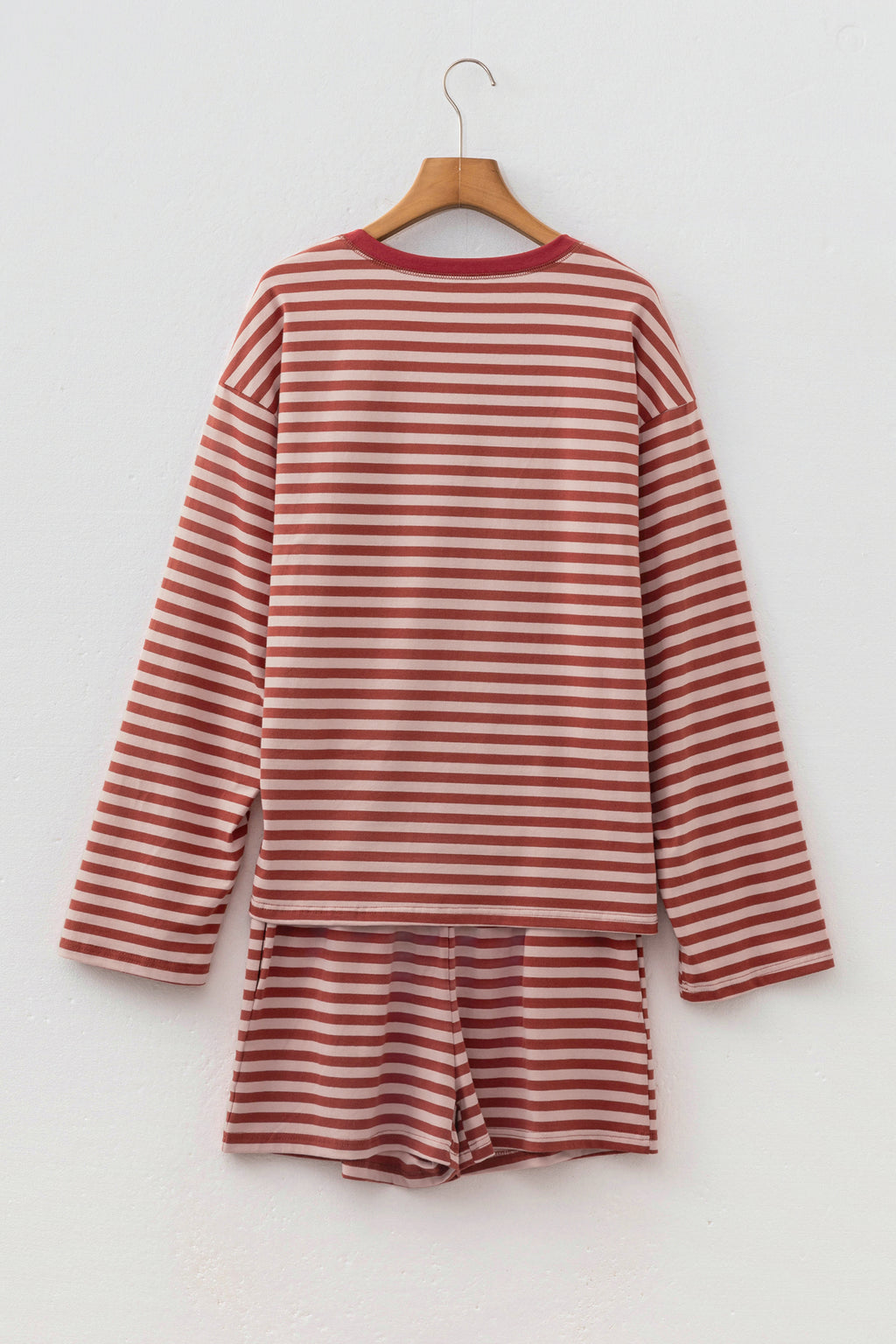 Brown Stripe Relaxed Long Sleeve Top Contrast Elastic Waistband Short Set PREORDER ETA 3 WEEKS