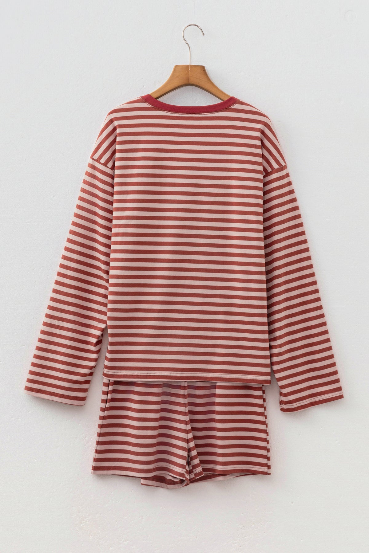 Brown Stripe Relaxed Long Sleeve Top Contrast Elastic Waistband Short Set PREORDER ETA 3 WEEKS