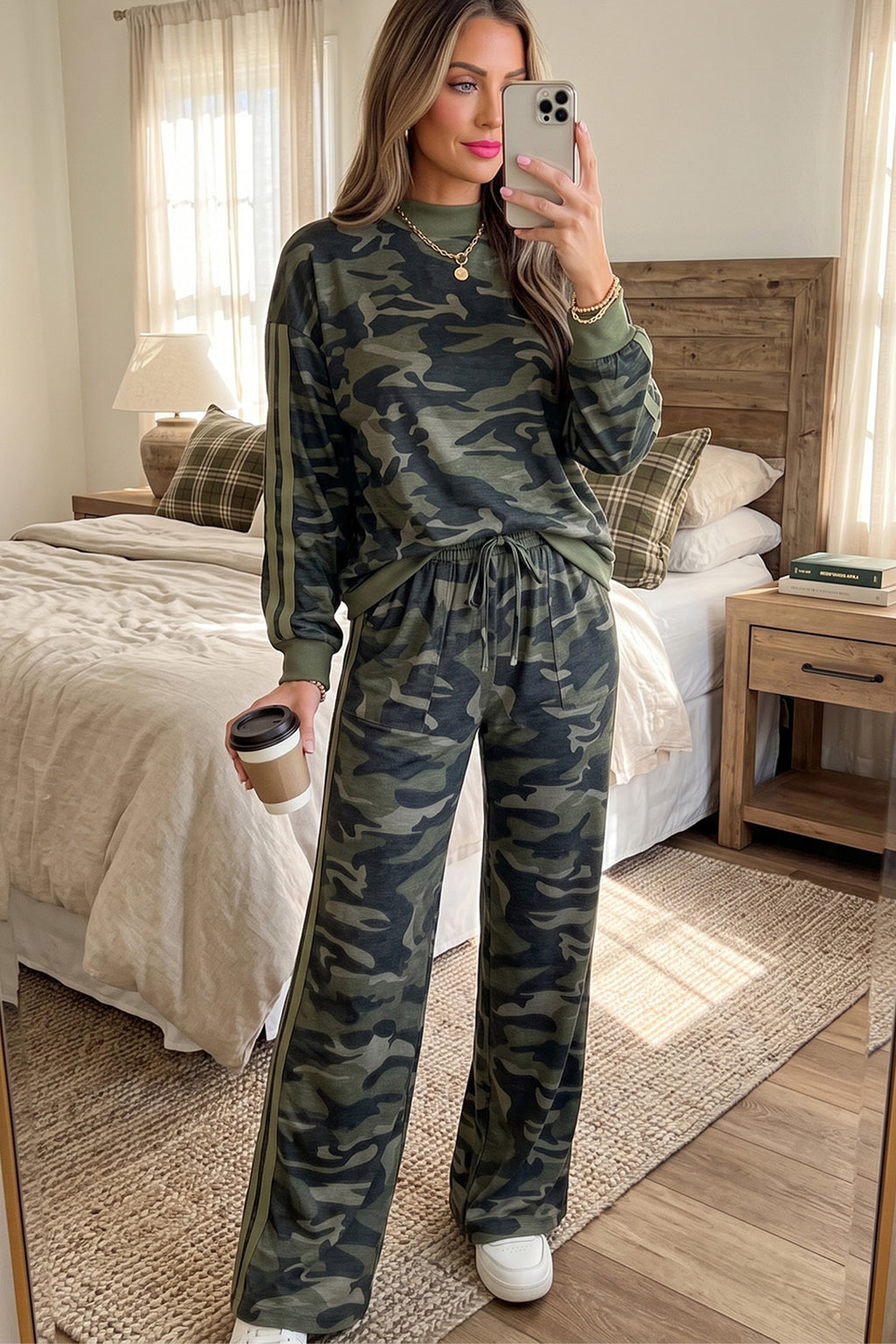 Multicolour Camouflage Patchwork Striped Detail Long Sleeve Top Casual Pants Set PREORDER ETA 3 WEEKS