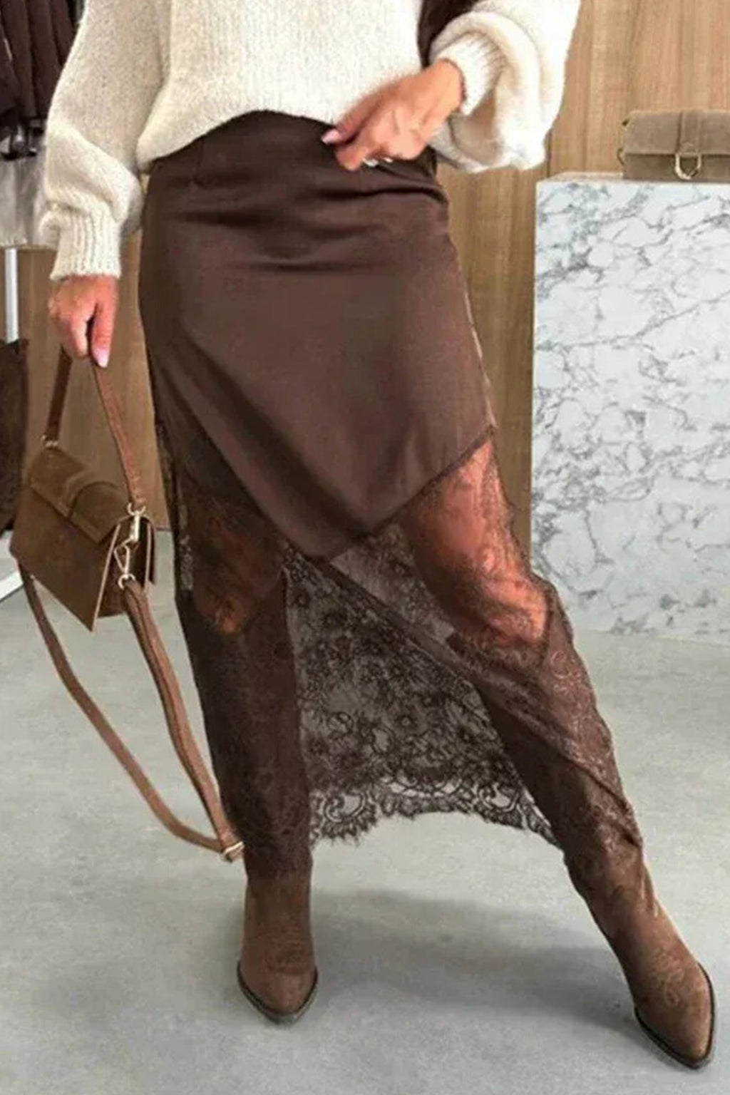Dark Brown Lace Patchwork Hem Long Casual Shift Skirt PREORDER ETA 3 WEEKS