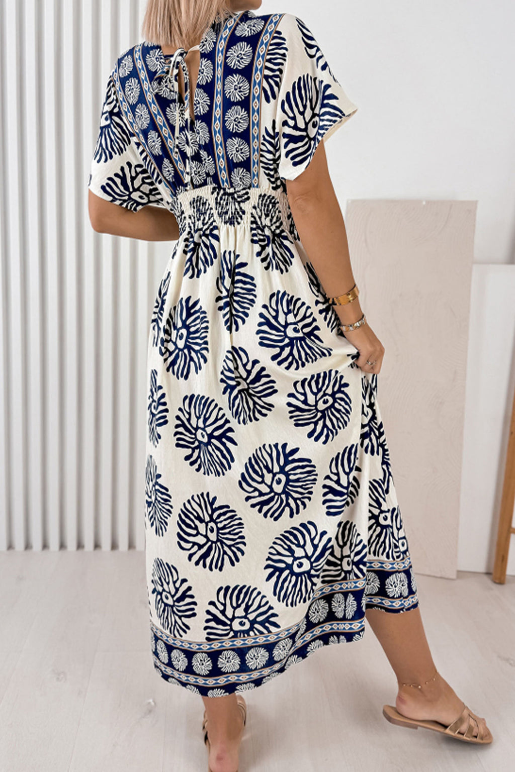 Blue Boho Floral Print Contrast Patchwork V Neck Dolman Maxi Dress PREORDER ETA 3 WEEKS