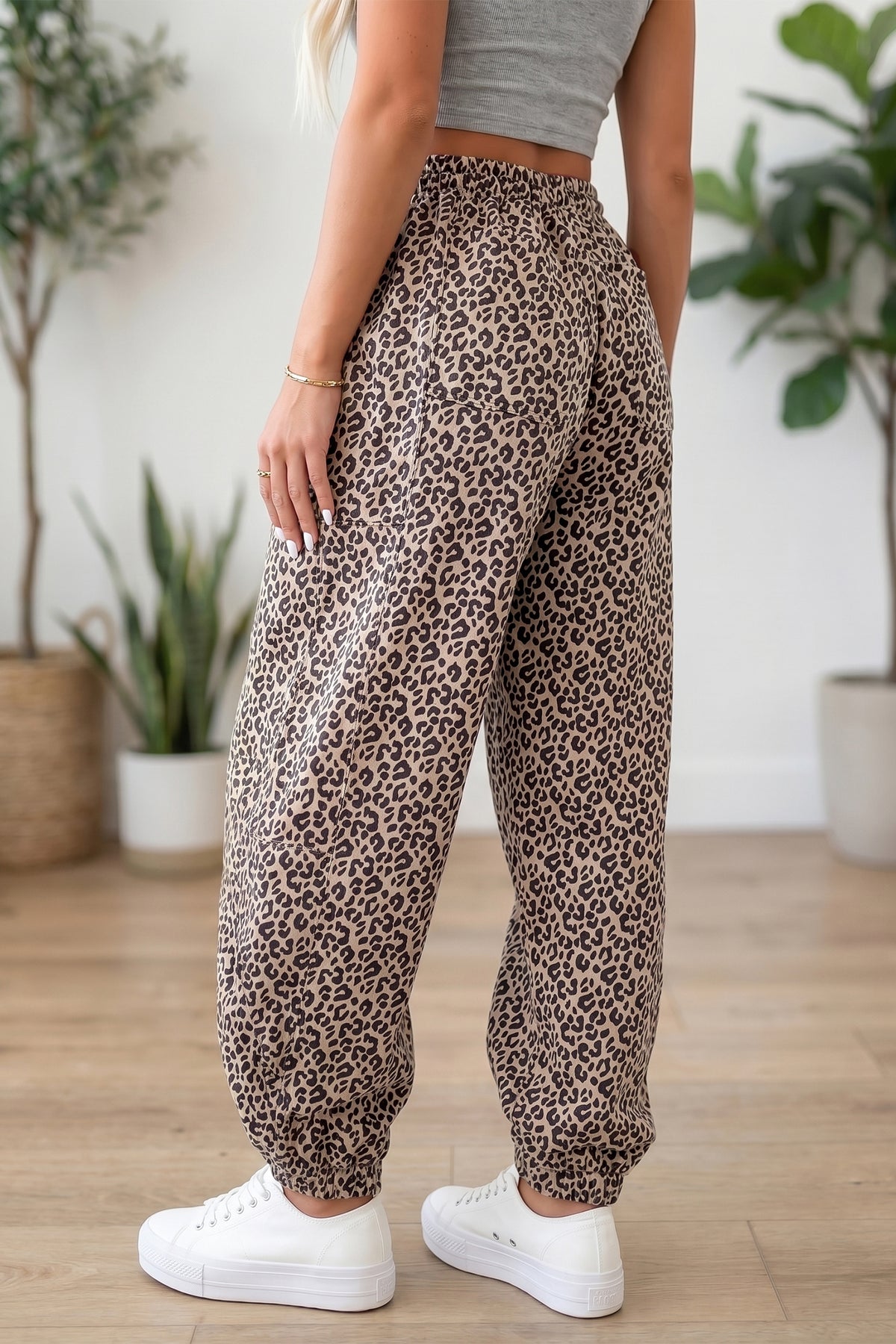 Khaki Leopard Print Elastic Waist Ankle Length Pants PREORDER ETA 3 WEEKS