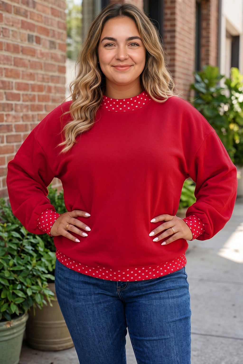 Brown Polka Dot Patchwork Round Neck Plus Size Sweatshirt PREORDER ETA 3 WEEKS