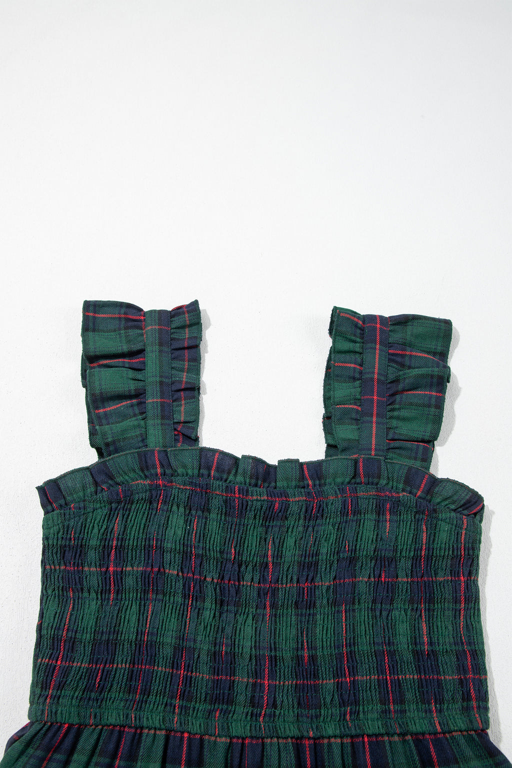 Green Plaid Ruffle Sleeveless Shirred Bodice Tiered Midi Dress PREORDER ETA 3 WEEKS