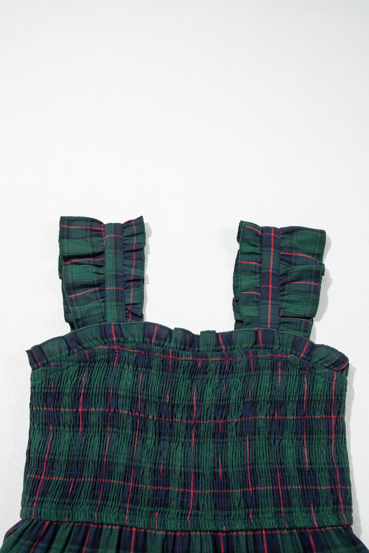 Green Plaid Ruffle Sleeveless Shirred Bodice Tiered Midi Dress PREORDER ETA 3 WEEKS