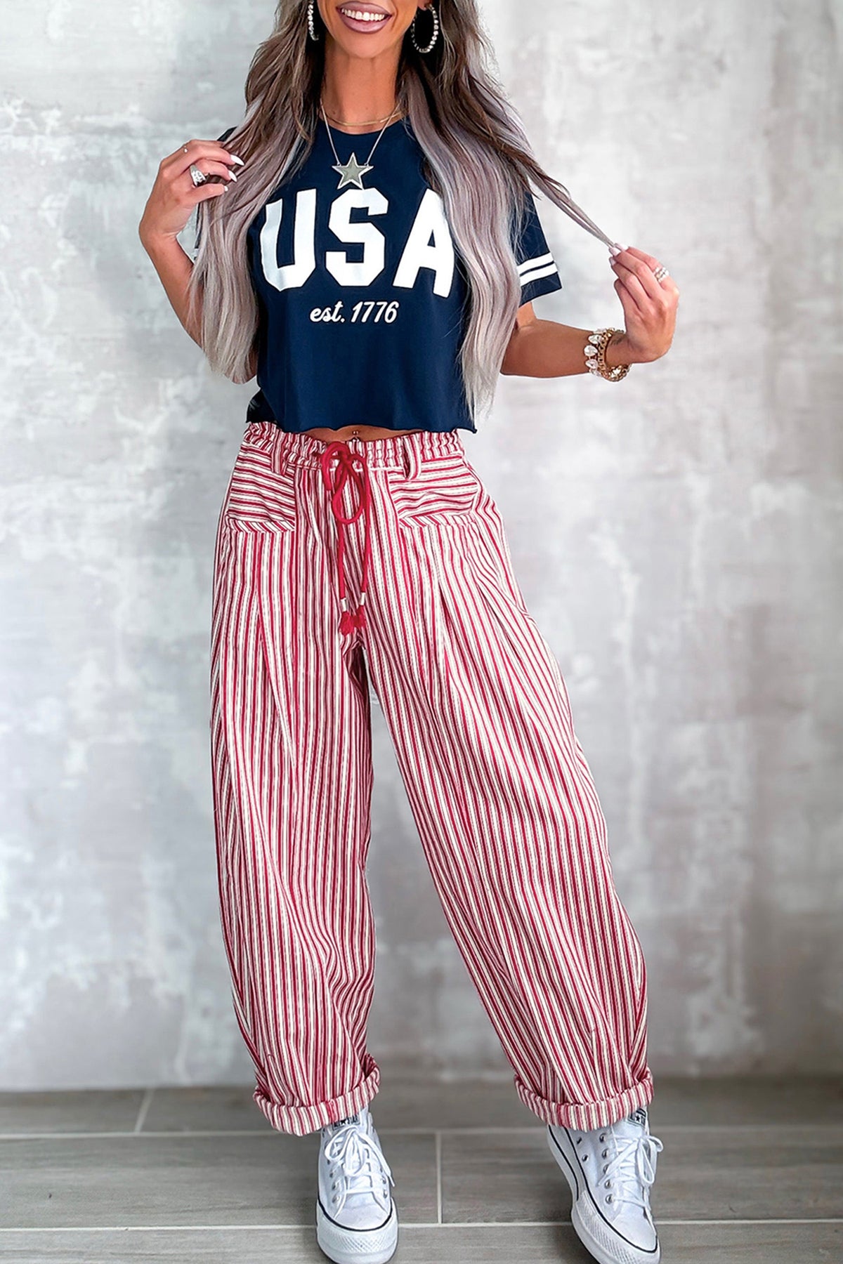 Red Stripe Drawstring Casual Loose Pants PREORDER ETA 3 WEEKS