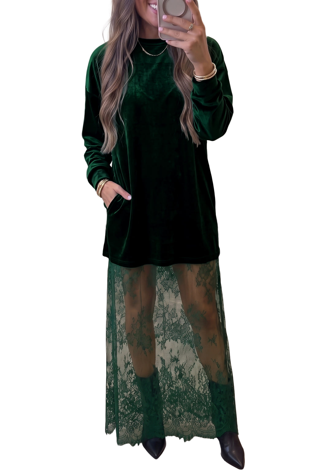 Blackish Green Velvet Long Sleeve Lace Splicing Hem Shift Maxi Dress PREORDER ETA 3 WEEKS