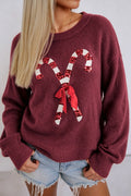 Red Dahlia Sequined Candy Cane Festive Casual Christmas Sweater PREORDER ETA 3 WEEKS