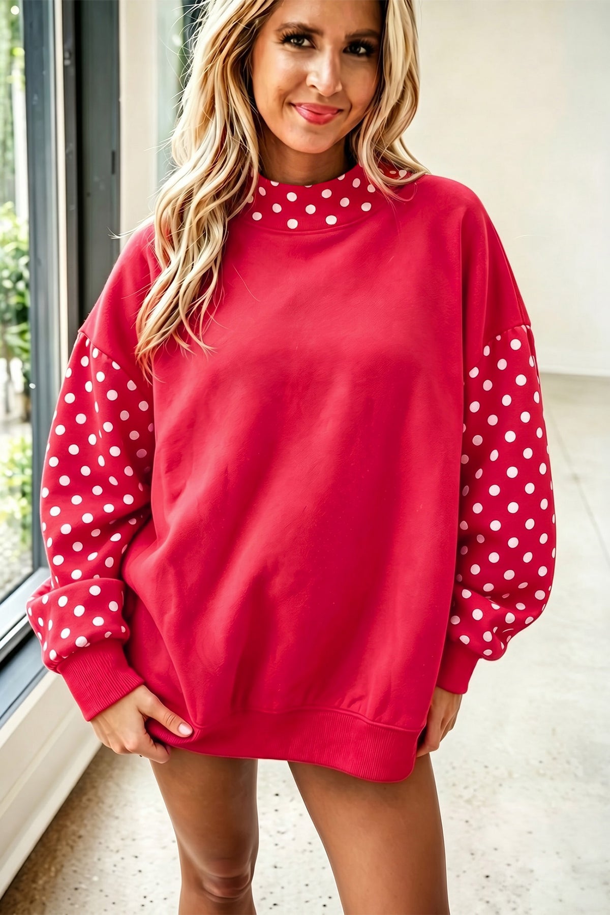 Fiery Red Polka Dot Contrast Round Neck Long Sleeve Baggy Sweatshirt PREORDER ETA 3 WEEKS