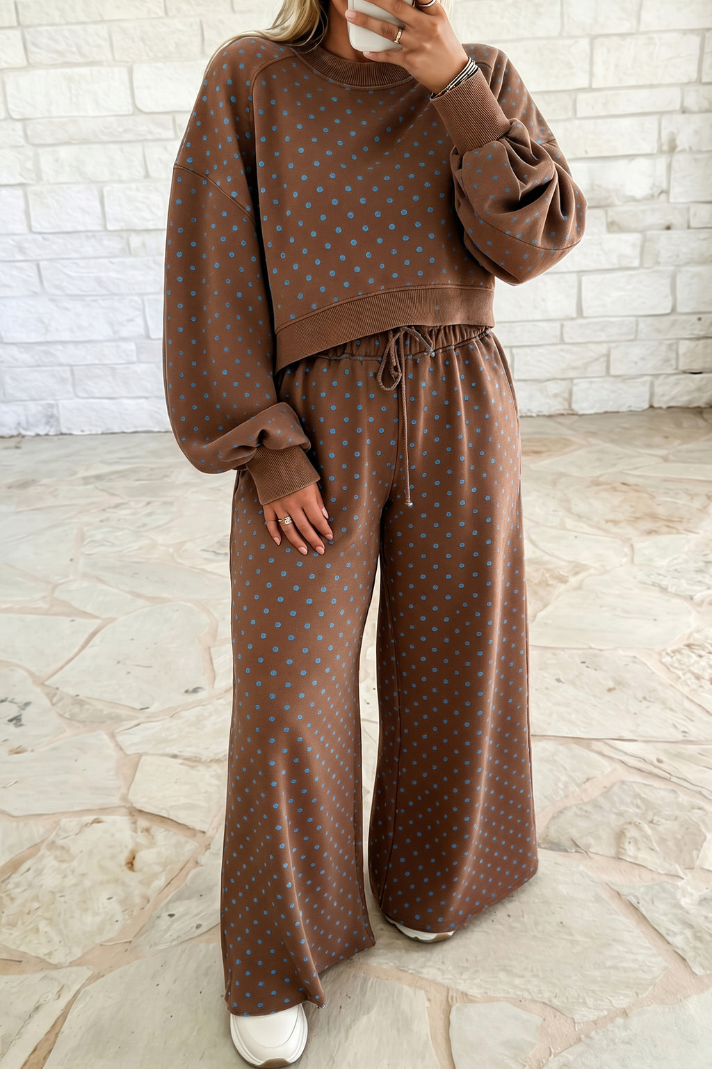 Brown Polka Dot Round Neck Long Sleeve Plus Size Set PREORDER ETA 3 WEEKS