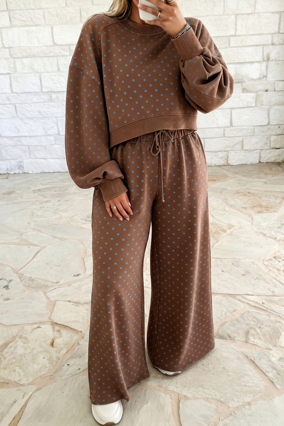 Brown Polka Dot Round Neck Long Sleeve Plus Size Set PREORDER ETA 3 WEEKS