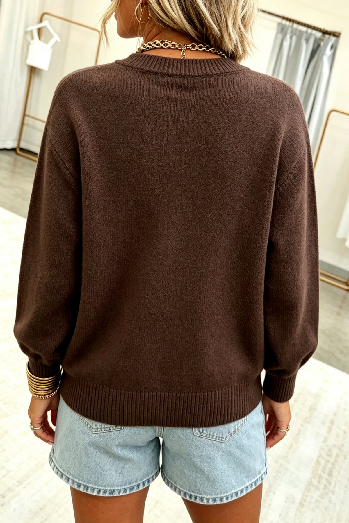 Chicory Coffee Embroidered Floral Round Neck Casual Shift Sweater PREORDER ETA 3 WEEKS