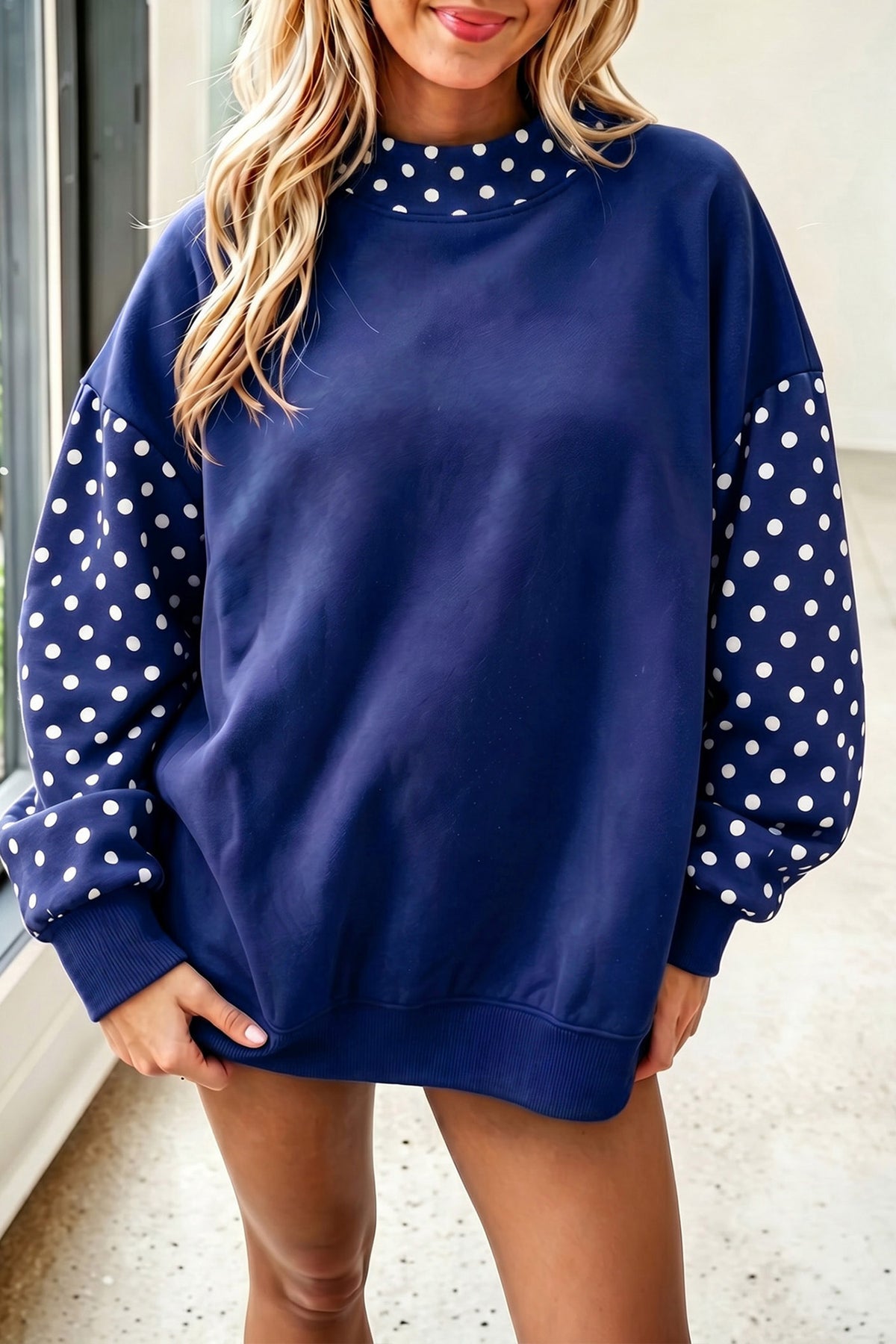 Navy Blue Polka Dot Contrast Round Neck Long Sleeve Baggy Sweatshirt PREORDER ETA 3 WEEKS
