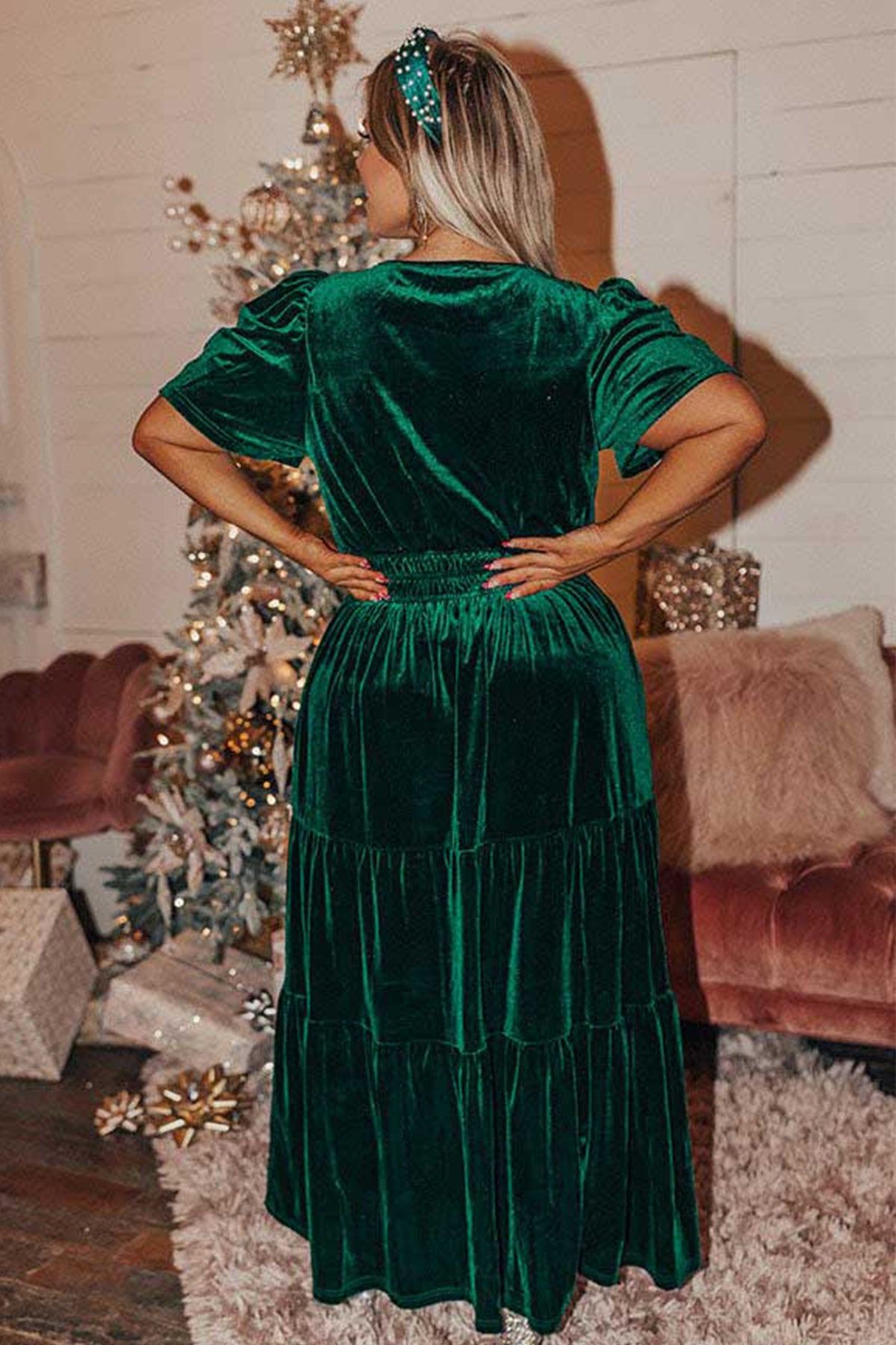 Blackish Green Velvet Short Sleeve Shirred Waist Tiered Plus Size Maxi Dress PREORDER ETA 3 WEEKS