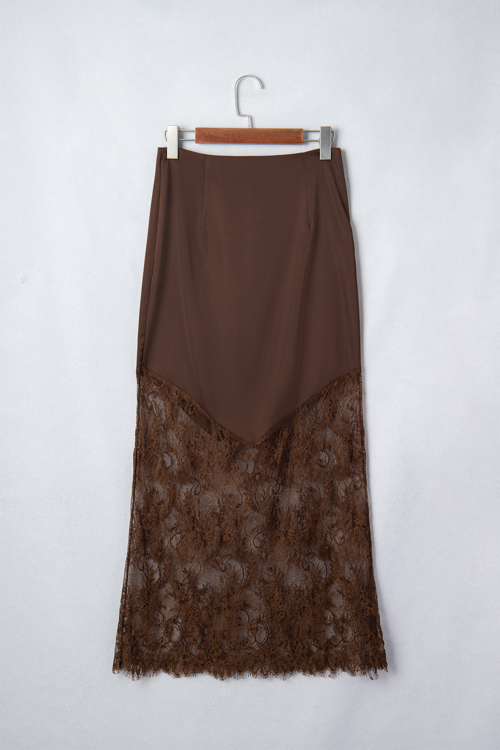 Dark Brown Lace Patchwork Hem Long Casual Shift Skirt PREORDER ETA 3 WEEKS