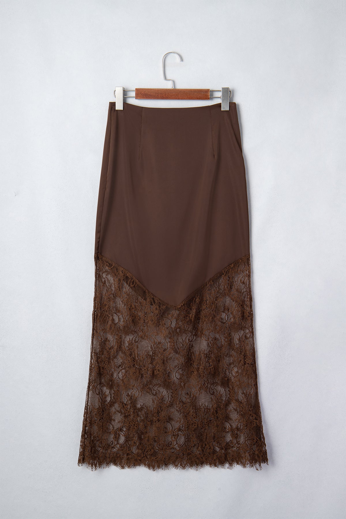 Dark Brown Lace Patchwork Hem Long Casual Shift Skirt PREORDER ETA 3 WEEKS