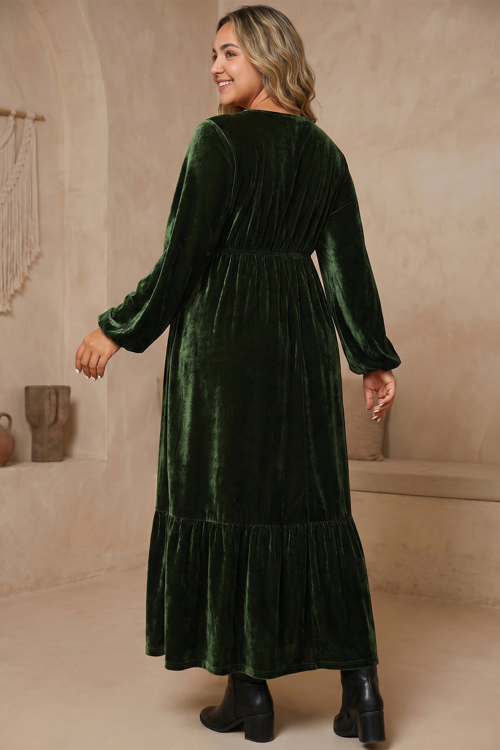 Blackish Green V Neck Long Sleeve Velvet Loose Fit Plus Size Dress PREORDER ETA 3 WEEKS