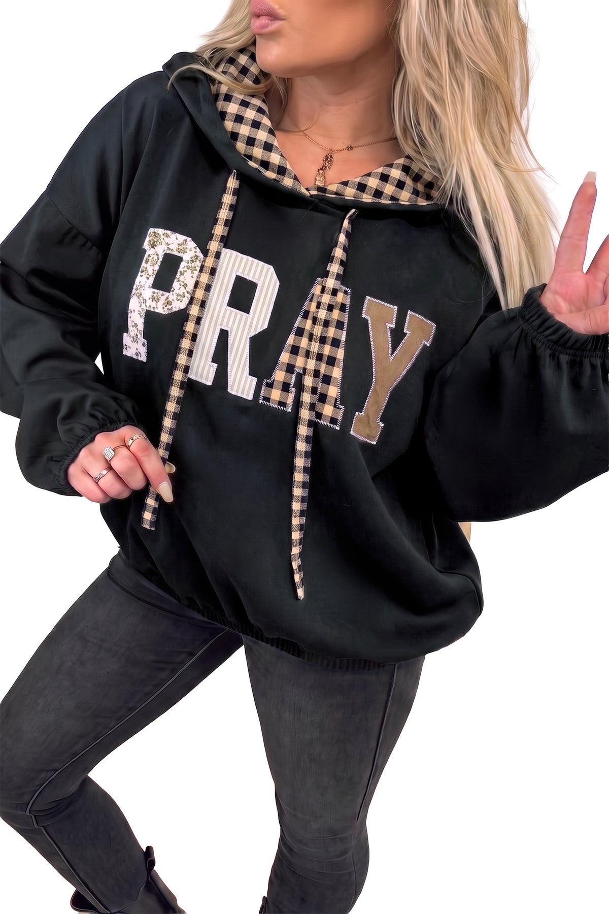 Black PRAY Mix Pattern Letter Graphic Plaid Contrast Drawstring Hoodie PREORDER ETA 3 WEEKS
