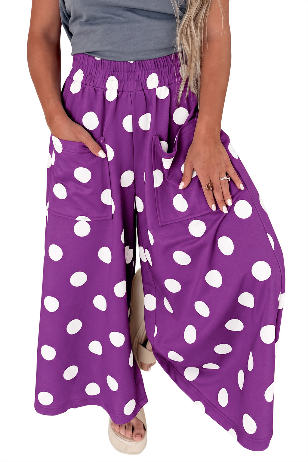 Purple Polka Dot Wide Leg Elastic Waist Casual Pants PREORDER ETA 3 WEEKS