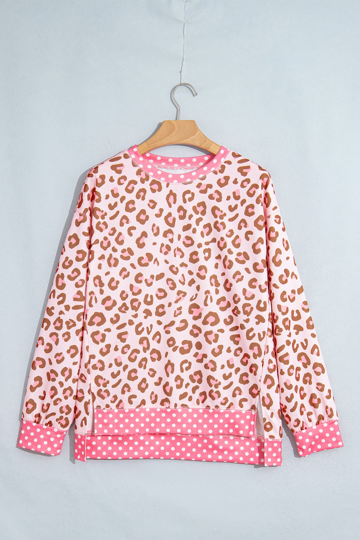 Pink Leopard Polka Dot Colorblock Trim Long Sleeve Top PREORDER ETA 3 WEEKS