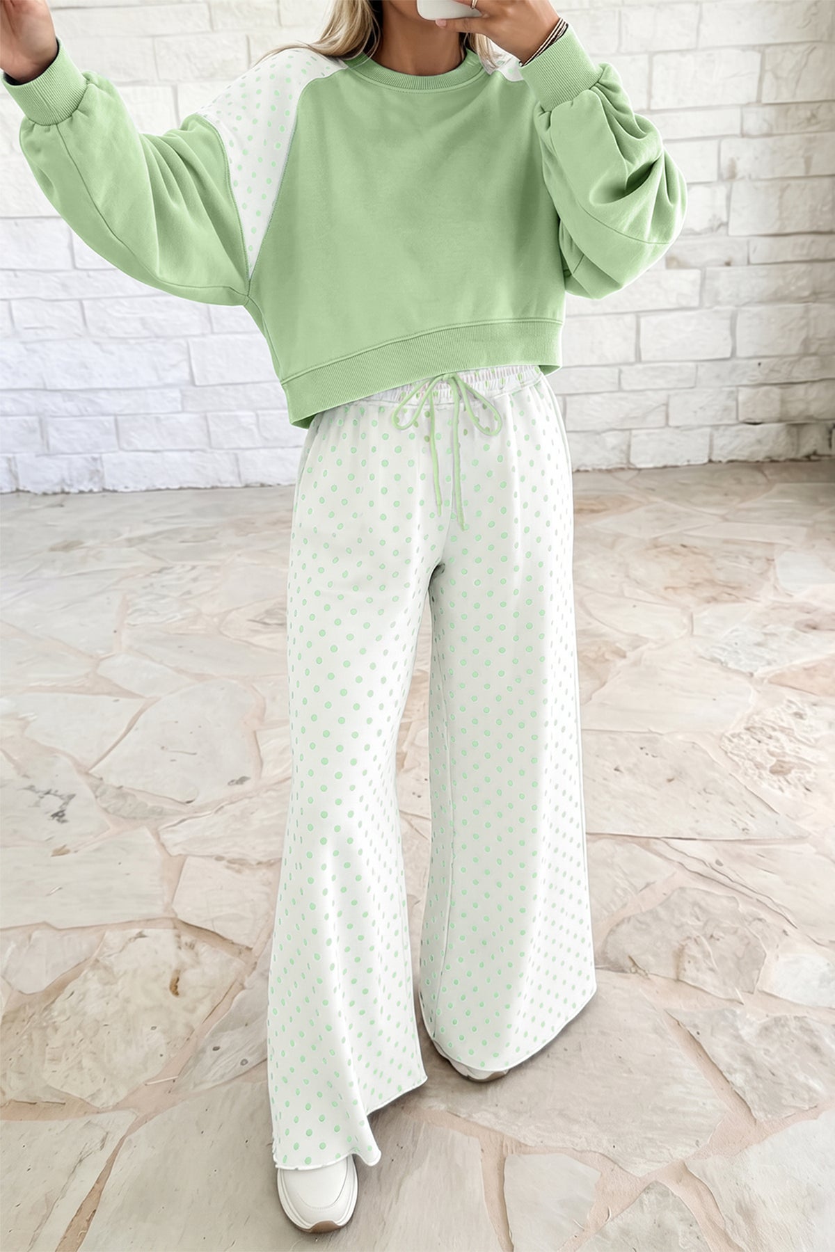 Green Polka Dot Patchwork Colorblock Long Sleeve Casual Two Piece Pants Set PREORDER ETA 3 WEEKS